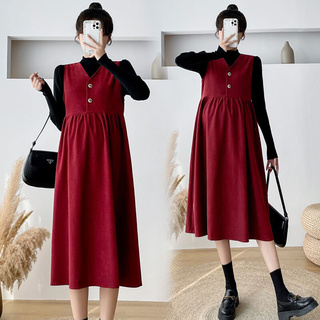 时尚孕妇秋冬连衣裙新款背心裙针织上衣两件套装红色喜庆显瘦韩版
