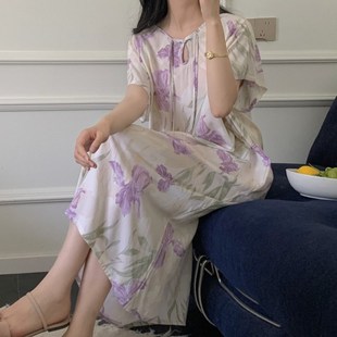 新中式 国风棉绸睡裙女夏改良旗袍睡衣减龄印花绵绸裙可外穿连衣裙