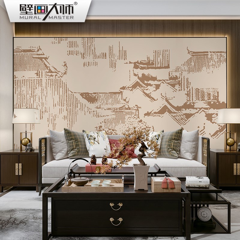 新中式抽象阁楼客厅背景墙壁纸酒店建筑墙纸包间壁布餐厅硬包壁画