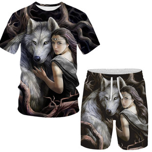 3D立体潮狼头速干透气宽松加大码 T恤套装 冰丝五分裤 短袖 短裤 夏季