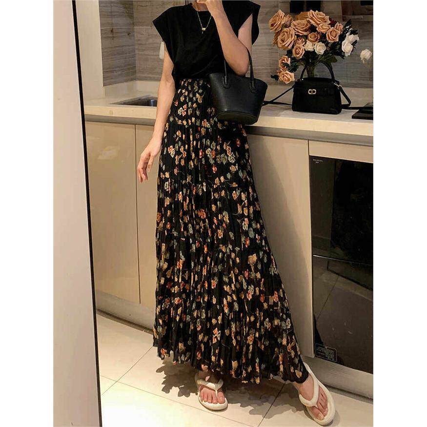 雪纺郁金香碎花半身裙女2026夏季新款高腰垂感大摆a字蛋糕裙长裙