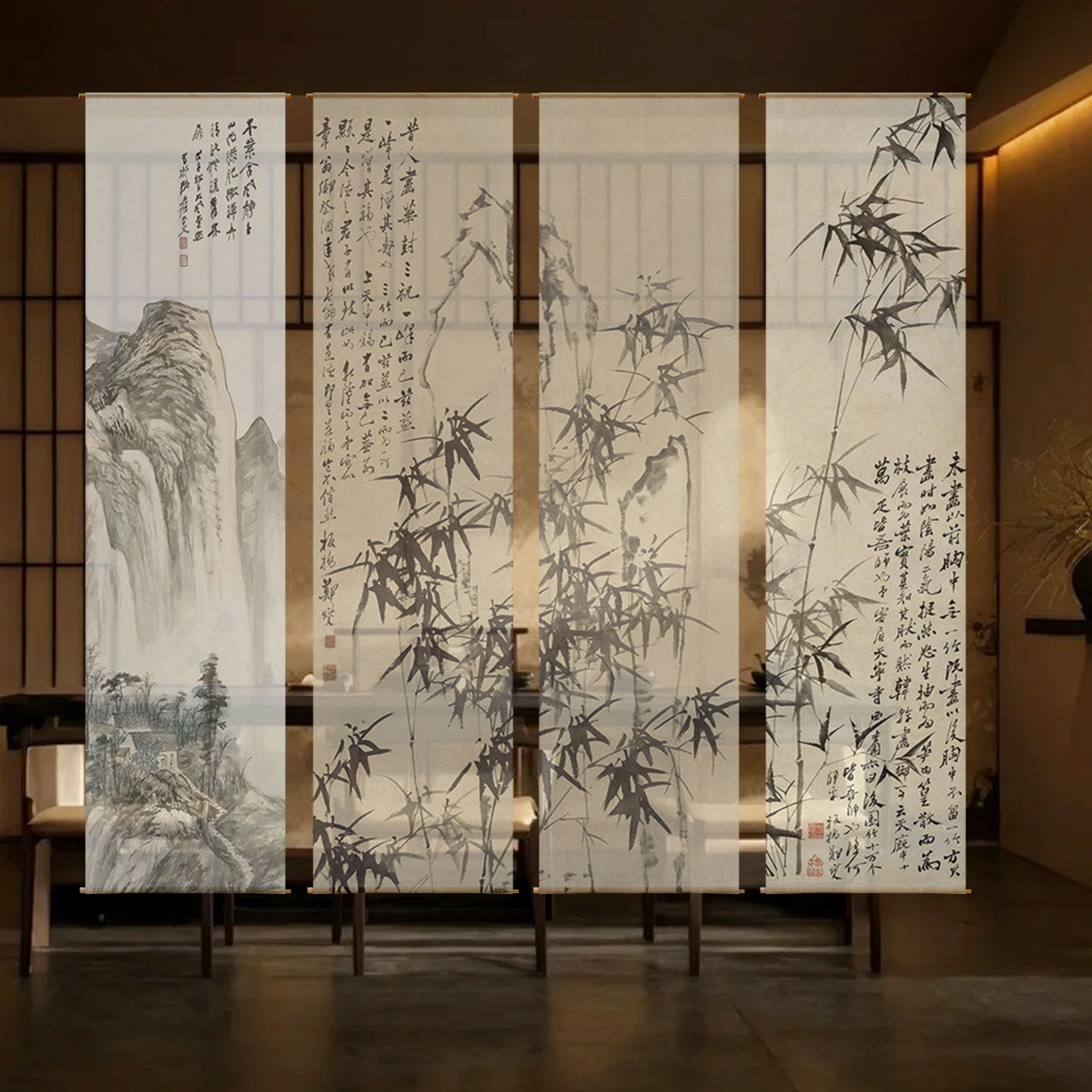 水墨竹古风氛围装饰半透纱吊幔听琴图中式纱幔挂布茶室屏风隔断帘