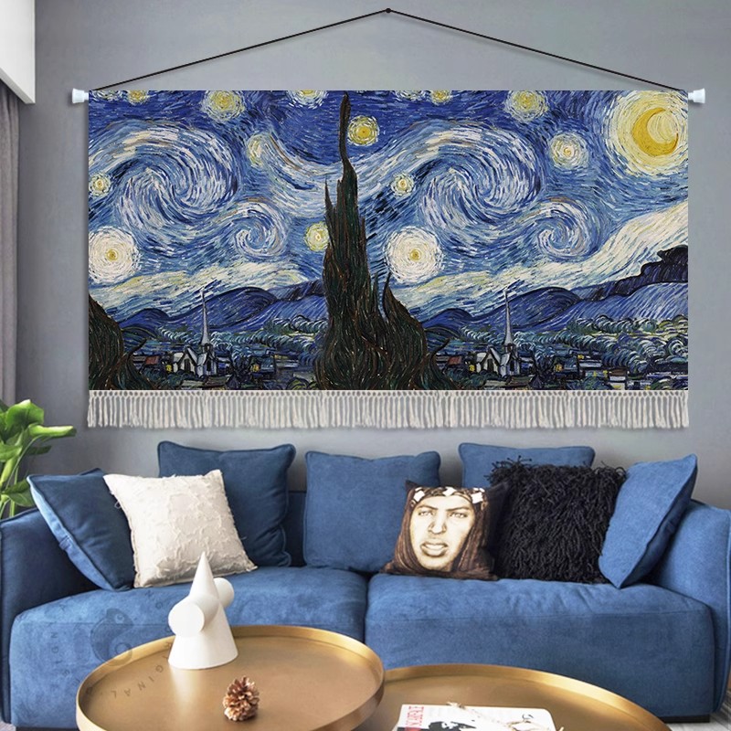 梵高油画挂毯客厅背景墙挂布横版卧室床头布艺挂画高级感遮挡装饰图片