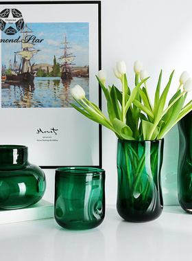 绿色高款彩色玻璃花瓶玄关餐桌书房软装工艺品家居摆件