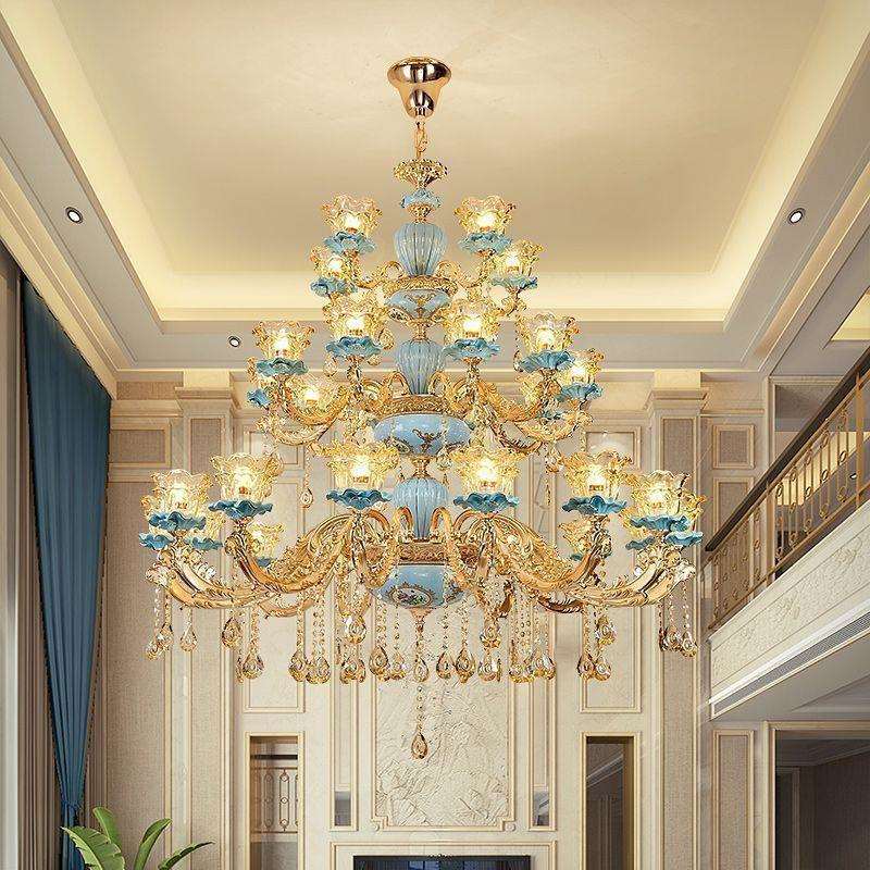 欧式客厅吊灯水晶陶瓷餐厅卧室灯现代简约大气别墅复式楼大厅灯具