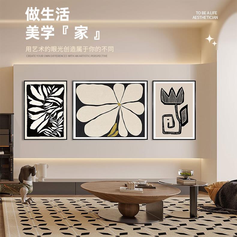 装饰画客厅沙发背景墙挂画三联画抽象极简高级复古南洋风晶瓷壁画图片