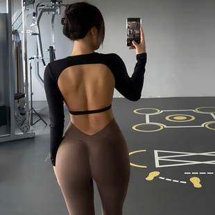 欧美性感美背运动上衣大露背速干瑜伽服辣妹长袖健身T恤带胸垫