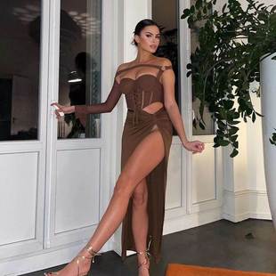 欧美风ins气质棕色新品含胸垫鱼骨松紧腰辣妹单袖套装ins亚马逊女