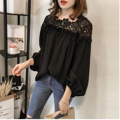 欧美风春季新款女装钩花镂空蕾丝拼接长袖雪纺衬衫Chiffon shirt