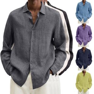 Men's casual shirt 欧美男装长袖V领宽松纽扣棉麻衬衫衬衣男