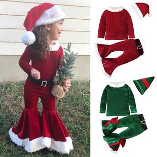 Children's Christmas top+bell bottoms+hat three piece set