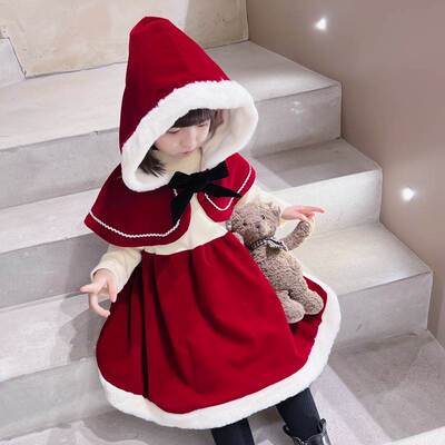 Girls' winter plush little red hat dress Christmas set