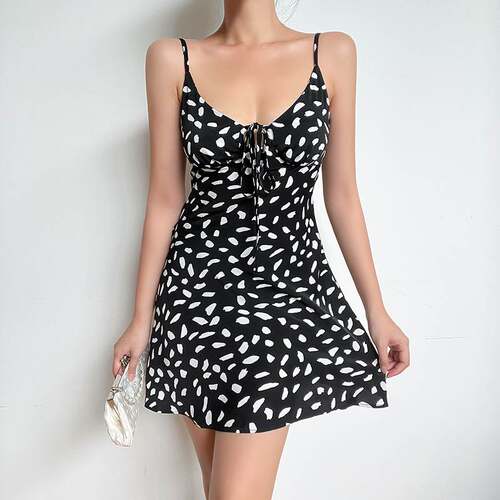Polka Dot bandage suspender dress绑带吊带连衣裙大V休闲短裙女