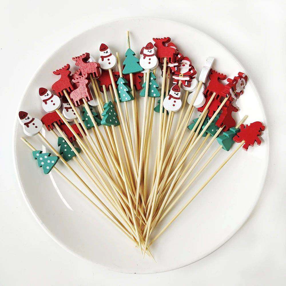 100Pcs Merry Xmas Disposable Skewers Tableware Dessert Stick