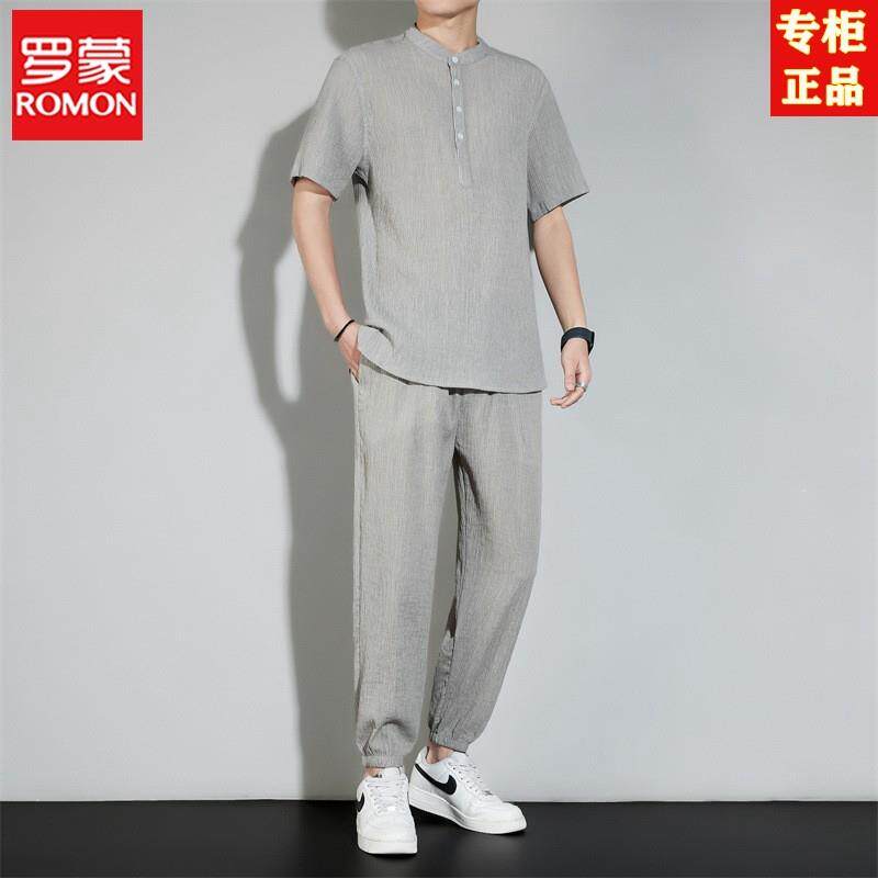 罗蒙唐装男棉麻短袖t恤冰丝套装薄款汉服男士夏天宽松休闲两件套