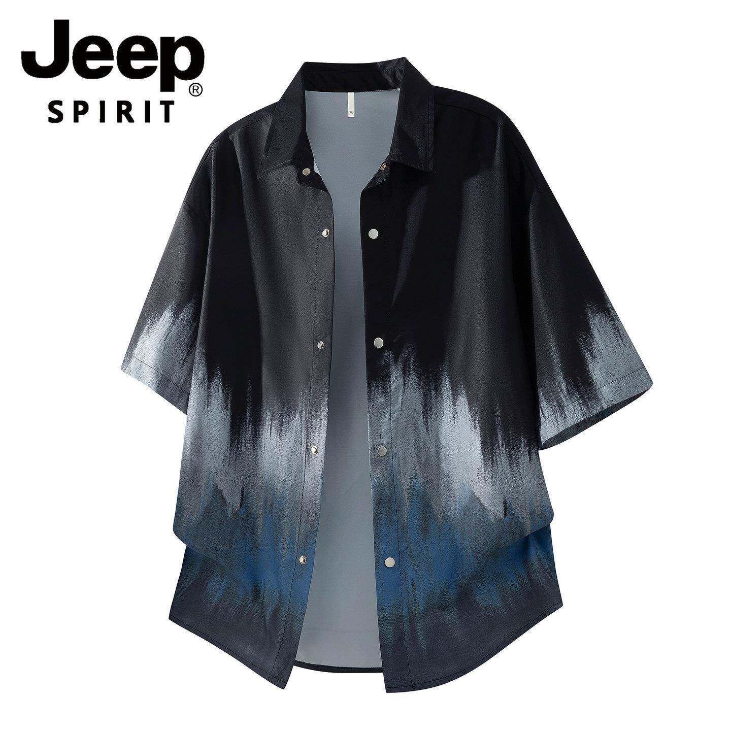 JEEP SPIRIT吉普扎染渐变短袖衬衫男士夏季薄款宽松潮流休闲开衫
