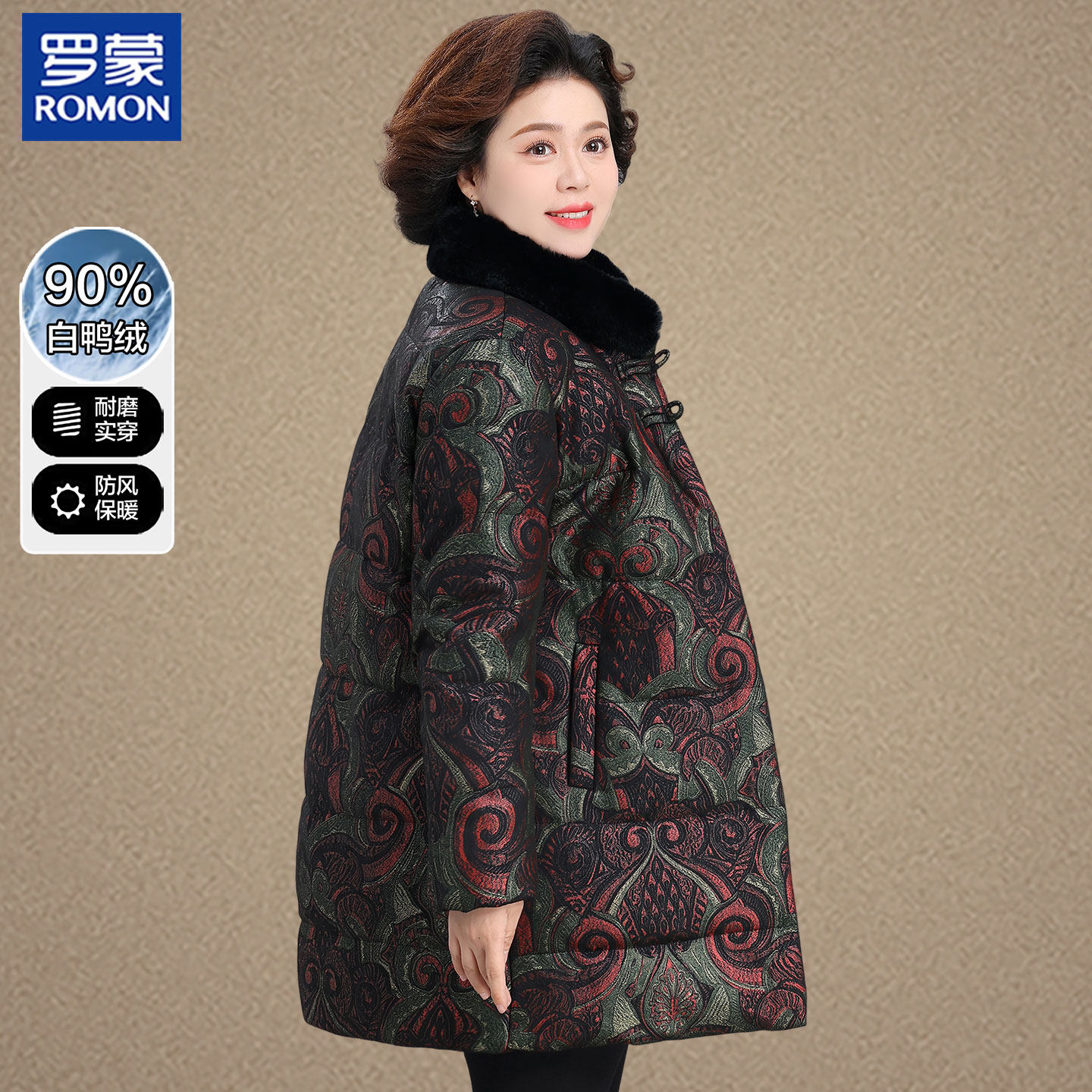 罗蒙妈妈中长款羽绒服2025新款中老年女加厚保暖印花毛领外套冬季