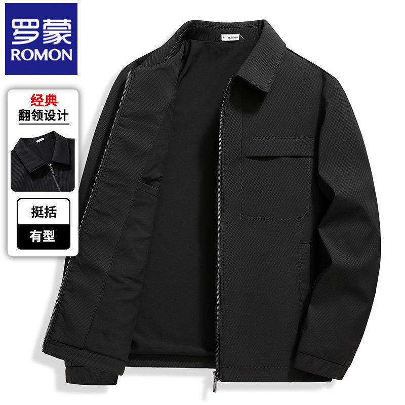 罗蒙男士翻领夹克衫40岁50春秋款中年撞色条纹上衣休闲外套爸爸装