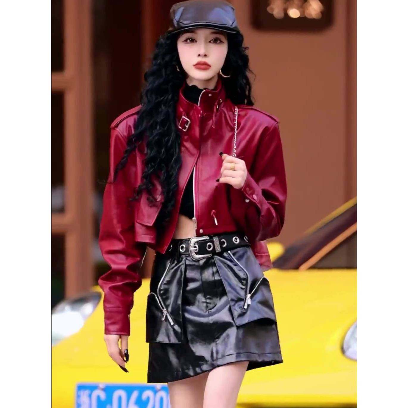 美式复古红色机车KLM皮衣女223韩秋短版时髦百搭夹克洗水休0闲款