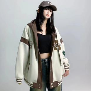 加绒加厚棒球服女春秋2024年新B款拼色中长款大码宽松连帽卫衣外