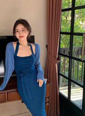 秋装针织修身气质l孕妇套装韩版显瘦无袖连衣裙加短外套辣妈两件