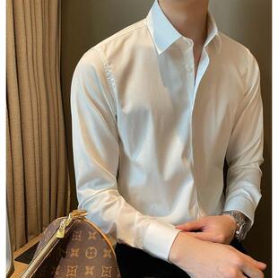 商务休闲纯色打底衬衫 韩版 学院风男士 青年免烫方领白衬衣时尚 扣式
