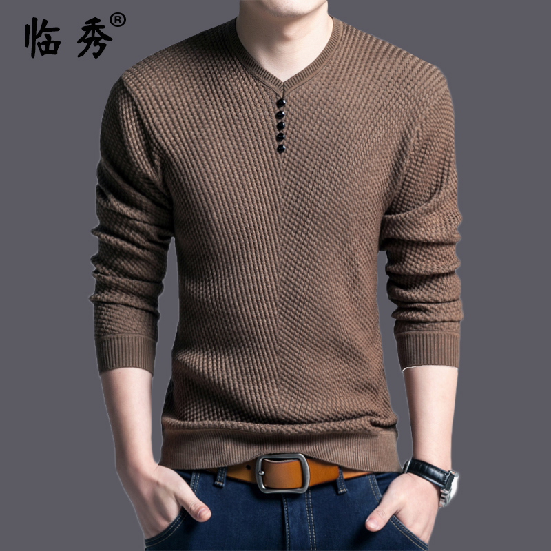 新款V领针织衫条纹中年r男士长袖T恤衫薄款宽松加厚大尺码T恤秋冬