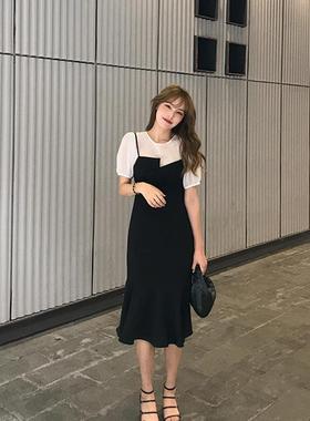 EGP法式小鱼众尾吊带裙两件复古赫本收风腰显瘦气质黑色套连衣裙