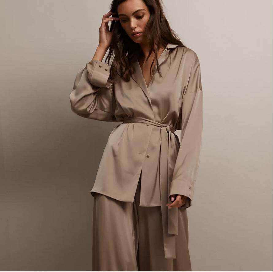 Satin Shirt Wide Leg Pants Set欧美缎面绑带衬衫阔腿裤居家套装