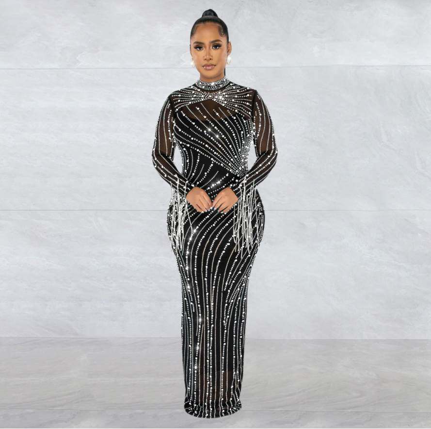 Mesh Hot drill Dress 欧美性感网纱透视烫钻长袖长裙内搭连体裤