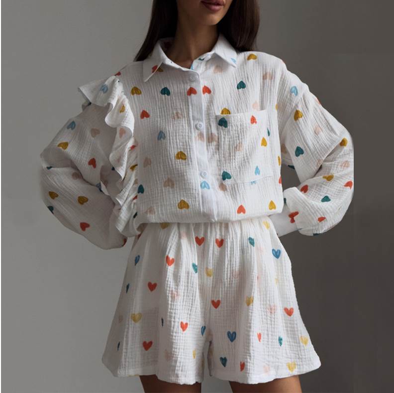 Printed shirt shorts set 荷叶边爱心印花衬衫阔腿短裤休闲套装