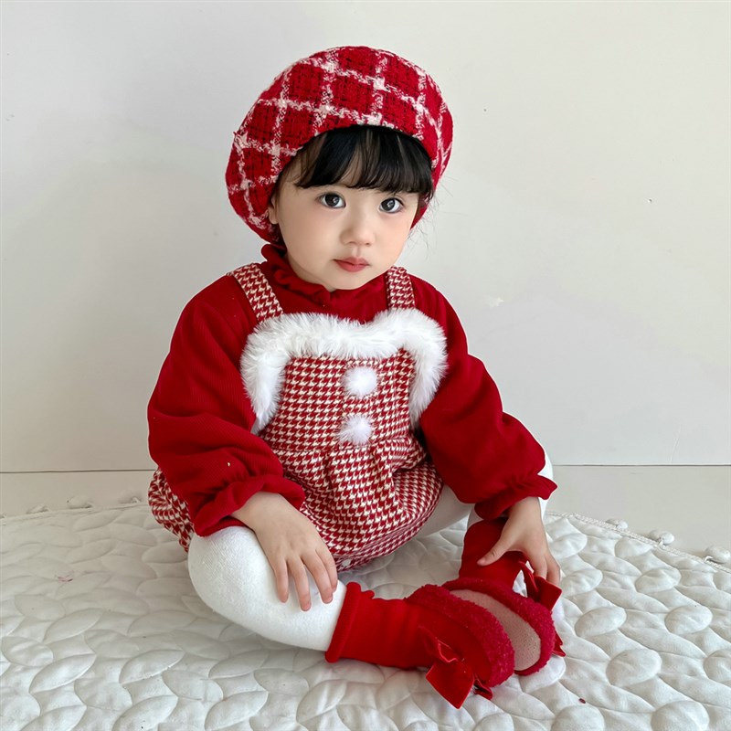 女宝宝拜年服新年装衣服假两件哈衣D抓周婴儿连体衣冬装过年包屁