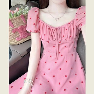 甜W美收腰显瘦长 法式 粉红色刺绣方领系带泡泡袖 连衣裙女夏季 新款