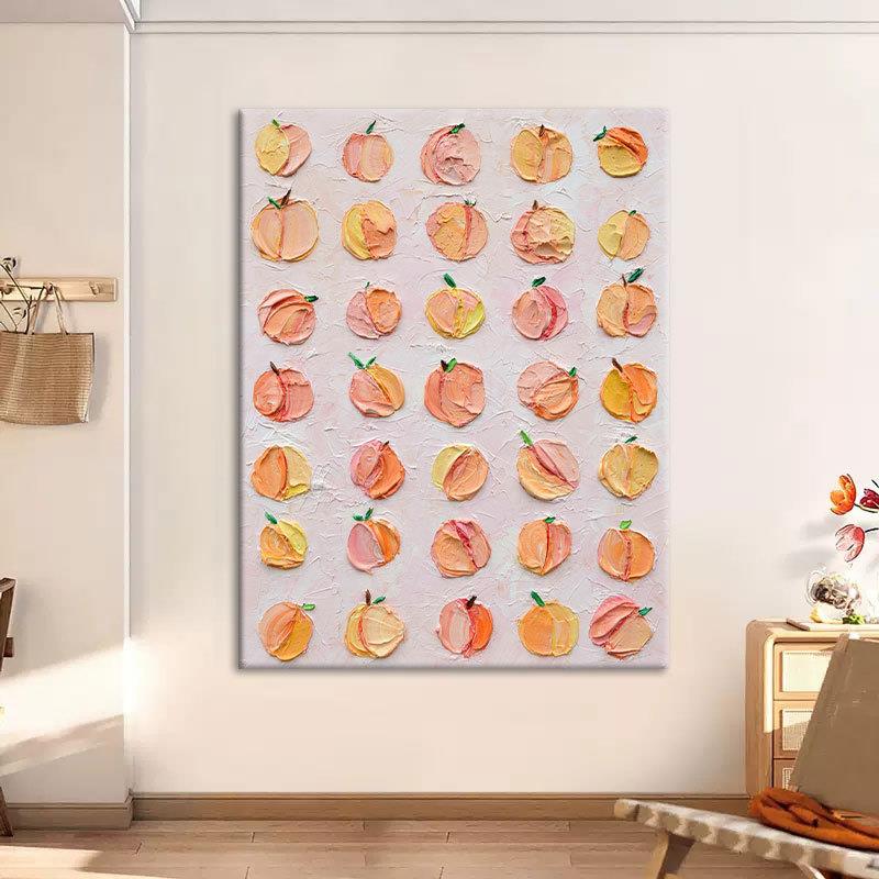 奶油风纯手绘玄关装饰画客厅立体丙烯挂画肌理油画治愈系桃子壁画图片