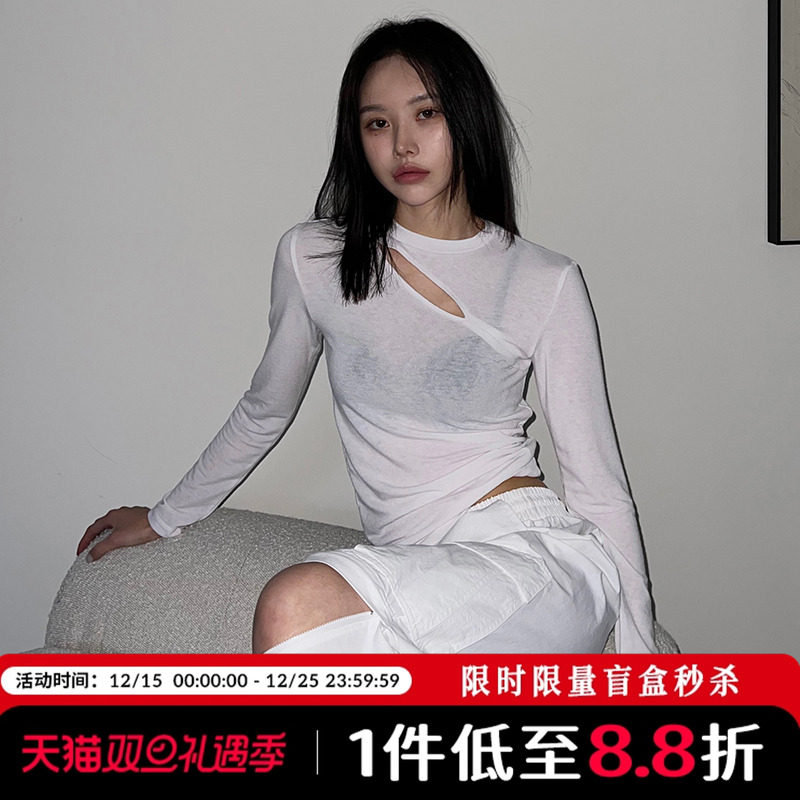 Mathieu韩国性感镂空长袖T恤女春季洋气设计感开叉修身上衣薄款