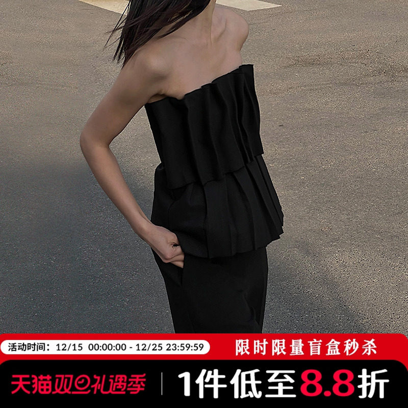 Mathieu韩国时尚气质百褶抹胸背心女夏季高级感独特别致纯色上衣