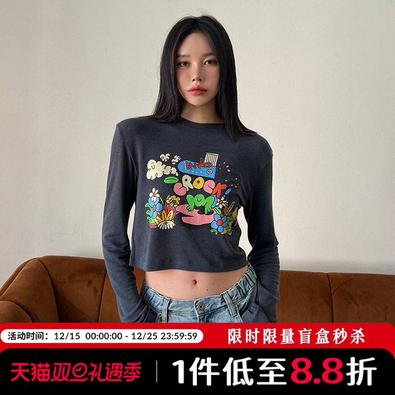 Mathieu韩国时尚长袖T恤女夏季新款修身显瘦体恤印花短款别致上衣