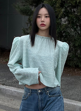 Mathieu韩国薄荷曼波长袖T恤女春季新款设计感衬衫泡泡袖褶皱上衣