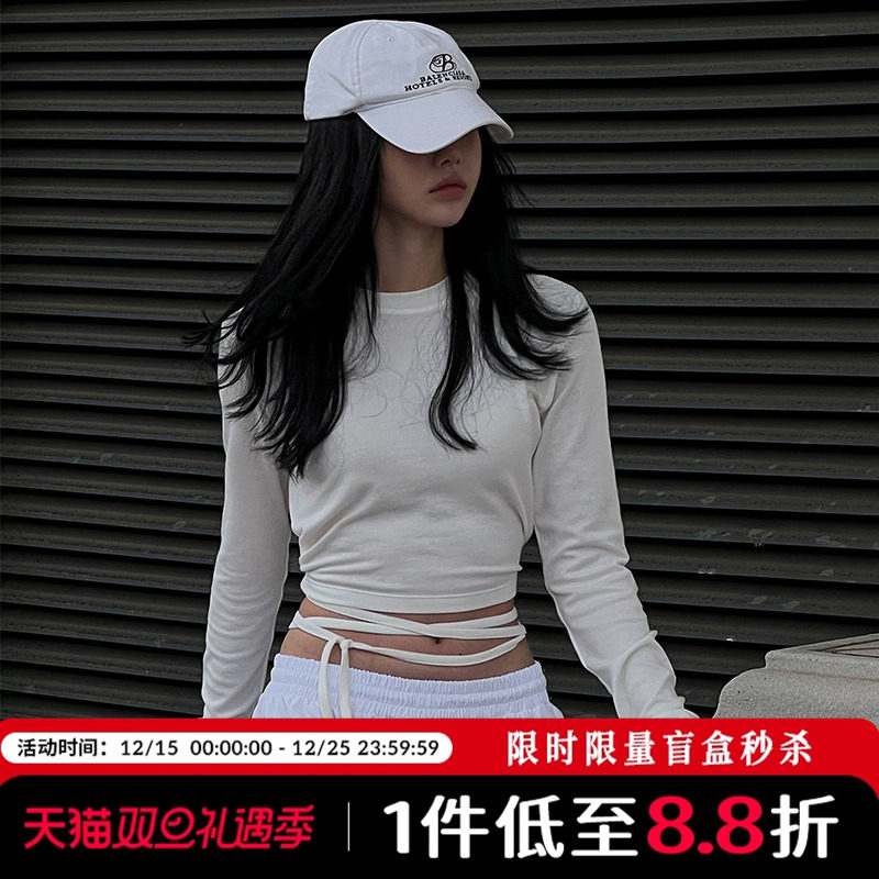 Mathieu韩国修身显瘦长袖T恤女初春新款设计感系带洋气圆领上衣薄