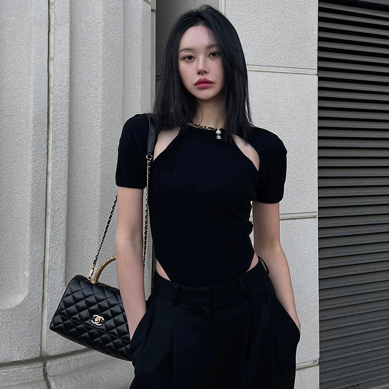 Mathieu韩国性感镂空短袖T恤女夏季独特修身显瘦辣妹连体上衣薄款