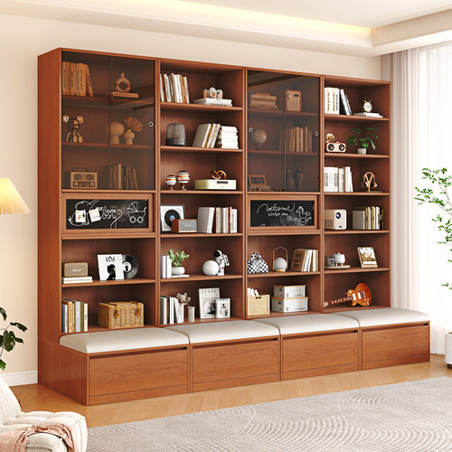 实木卡座书柜一体整墙储物柜客厅自由组合展示柜落地柜子防尘书架