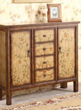 至高美式玄关柜四斗两门储物柜实木隔断橱柜整装复古黄色工厂批发