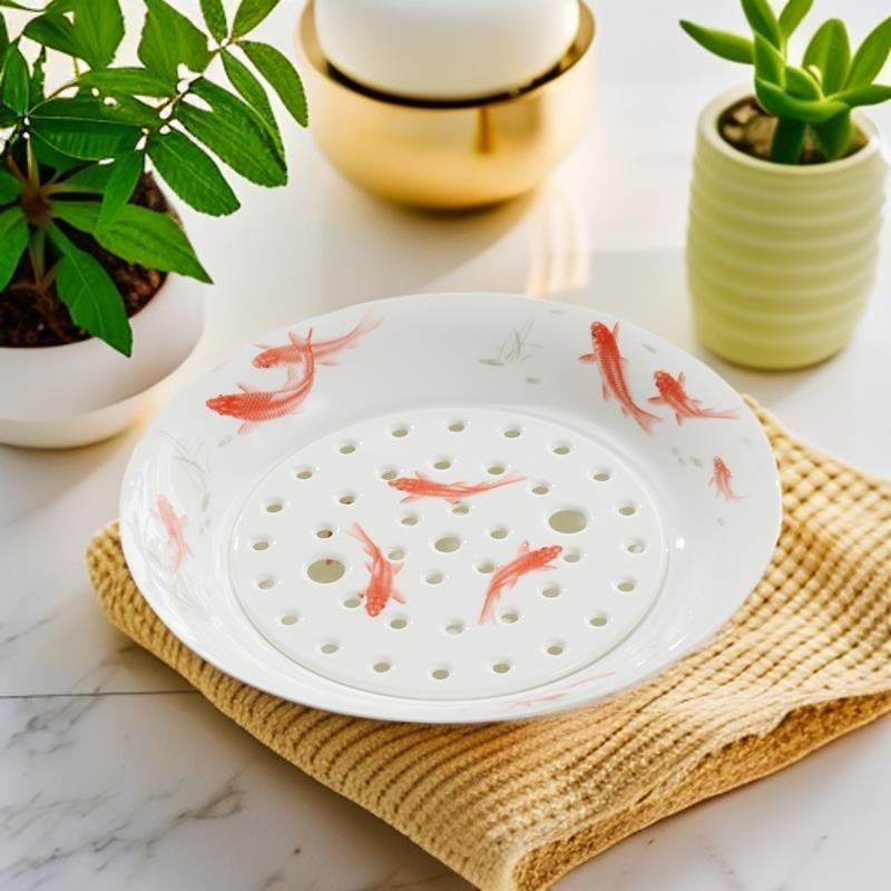 10英寸创意骨瓷饺子盘陶瓷饺子沥水双I层盘水饺盘深盘菜盘圆形托