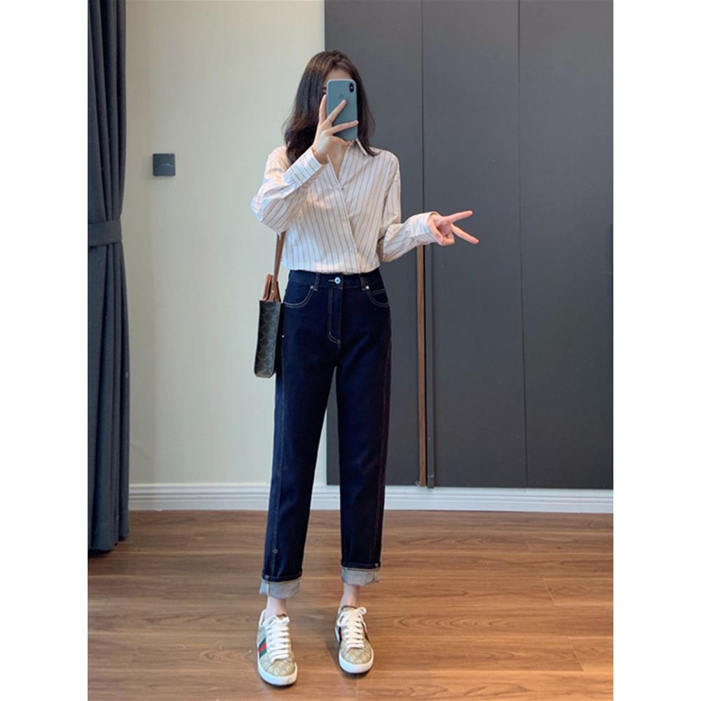 深蓝直筒仔裤女春冬老爹秋高腰20爆26新款款宽松显瘦哈伦T5735裤