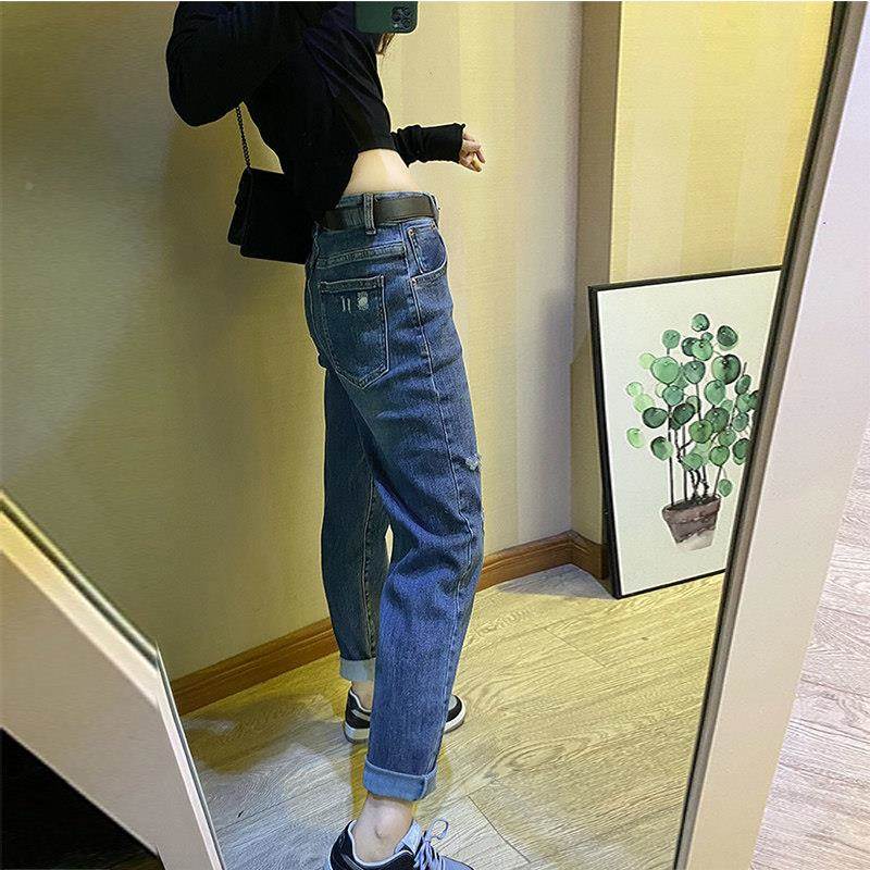 高仔腰破洞牛裤女春2秋20显T4088-15夏季新款瘦宽松哈伦裤直筒时