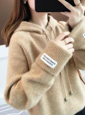 韩国2松025新款宽衣春秋水貂绒连帽打ZCP底卫衣女针织上衣毛外套