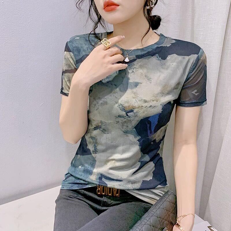 扎染春印花短袖t恤女2026古夏新洋款复气修身L36169F显瘦网纱体恤