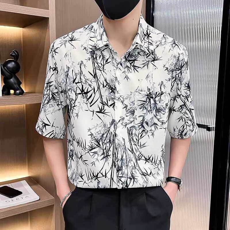 高级感痞帅花衬衫男士中袖百搭潮流休闲短袖衬衫男装薄款夏季上衣
