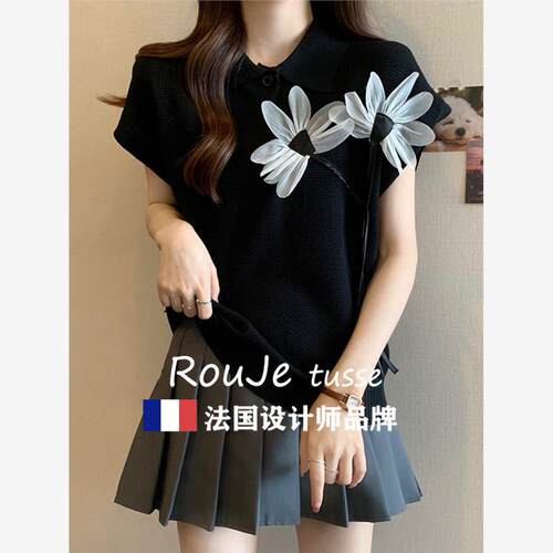 法国Rouj遮e tuse大尺码s肚袖子POLO领立体花朵短T恤90366047女条