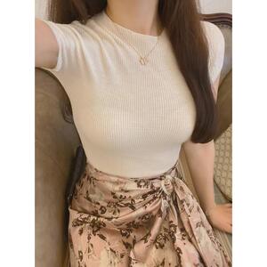 蓝身冰丝A32562袖t恤女夏季短性感紧正肩色纯欲风针织衫薄款甜辣
